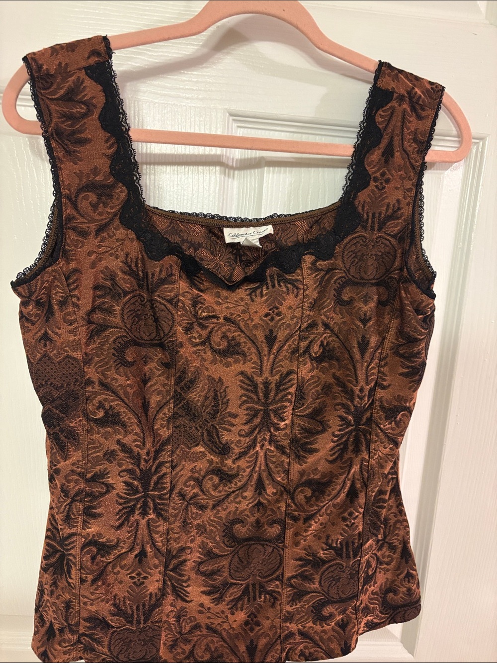 Coldwater Creek Brown Brocade Tank Top with Black Lace Trim
